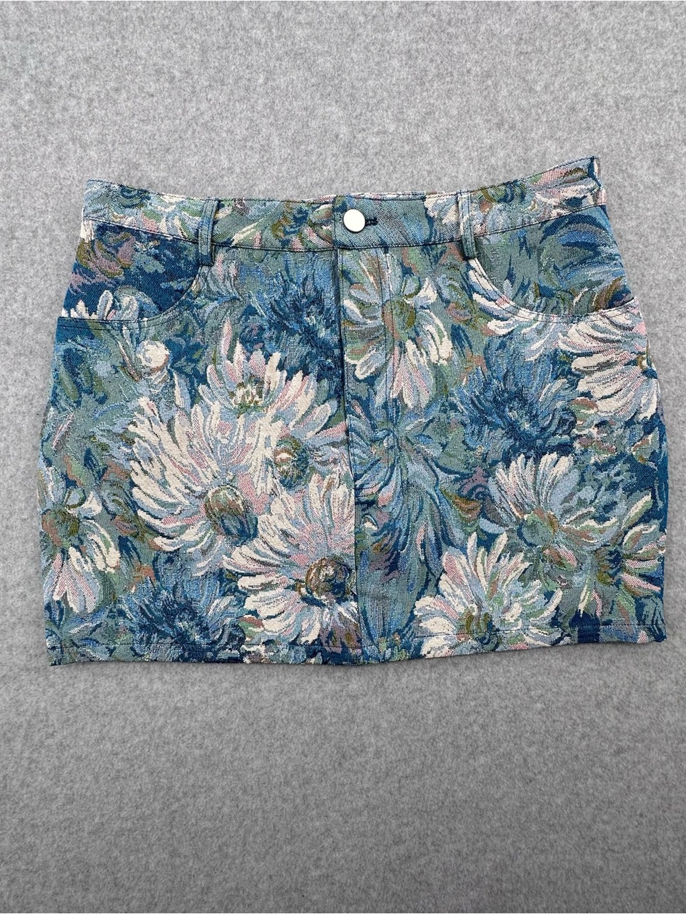 Vici Floral Tapestry Mini Skirt in Blue and Cream